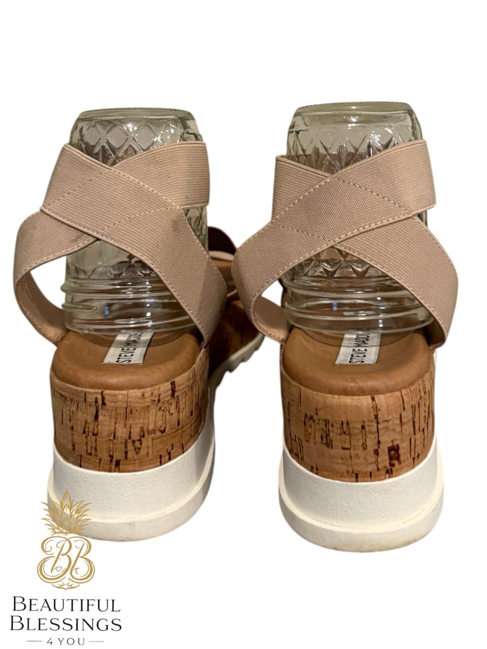 Steve Madden platform Sandals Women 8.5 Beige Elastic Strap Cork Wedge Comfort - Picture 3 of 11